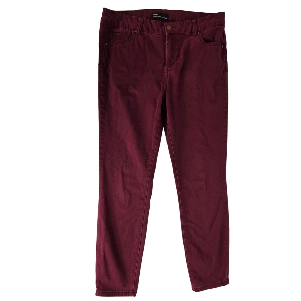 Miss Poured in Blue Burgundy Skinny Pants Womens 12 Stretch Mid Rise Wine Red